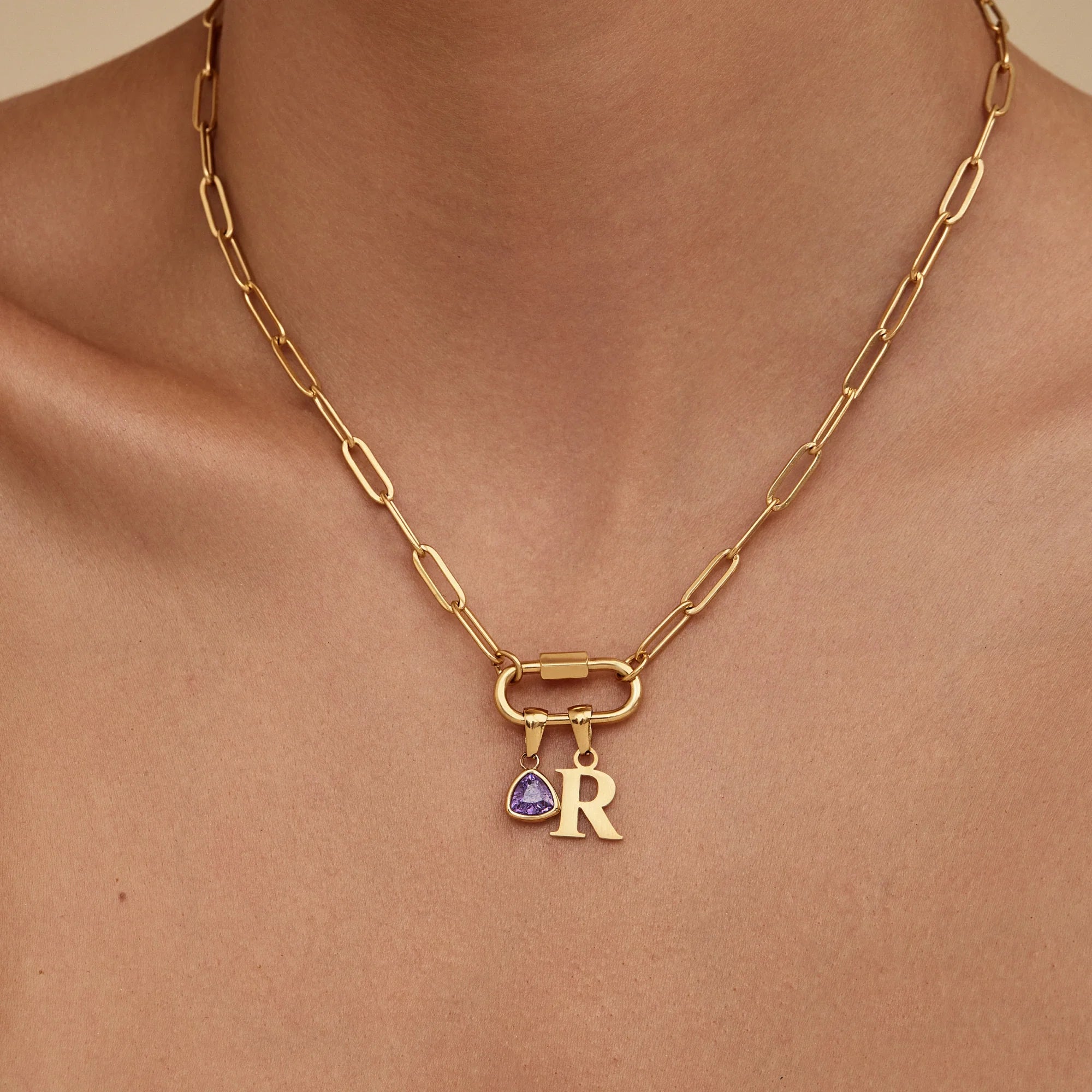 Carabiner Charm Lock Necklace With Initial & Birthstone