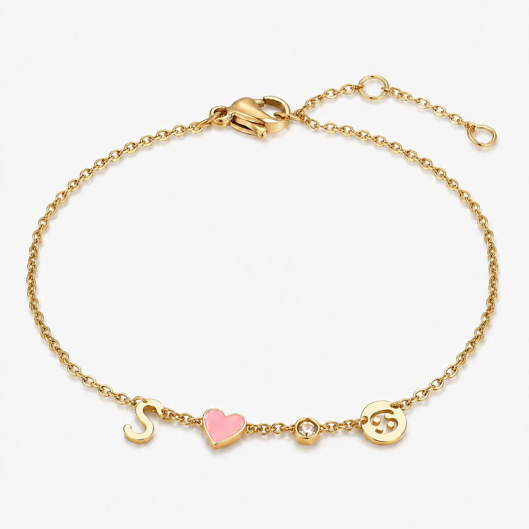 Pulsera Corazón con Iniciales Personalizadas - Valentina Jewels - Oro 18K, 1 amuleto