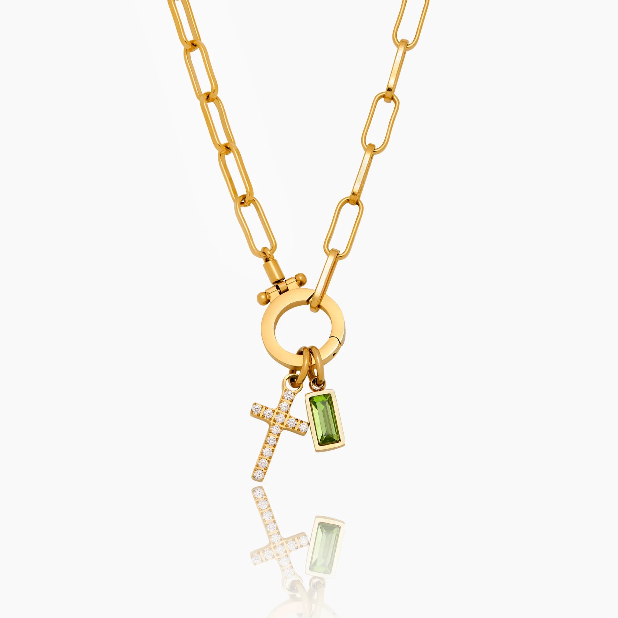 Paperclip Birthstone Cross Charm Necklace