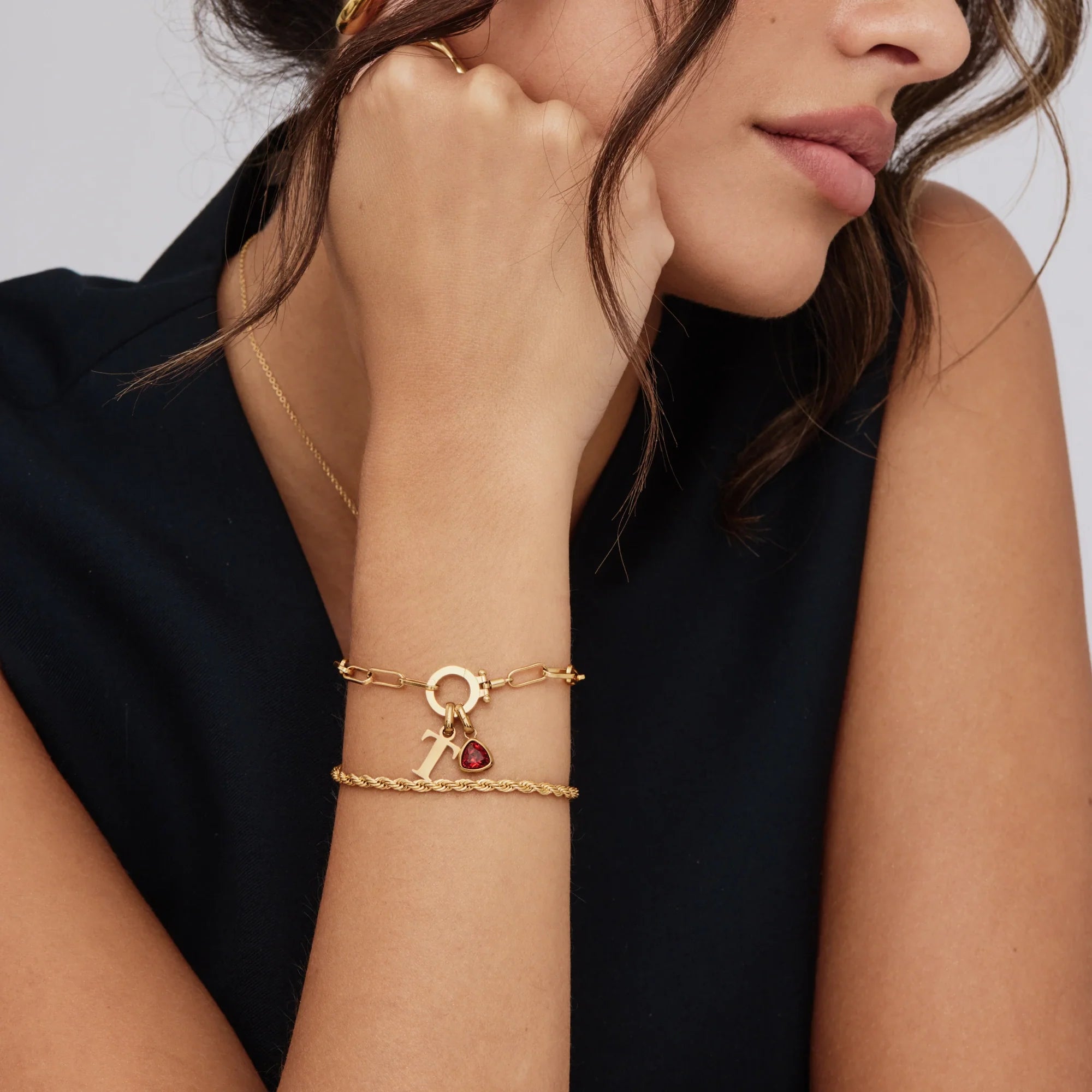 Paperclip Birthstone Initial Charm Bracelet