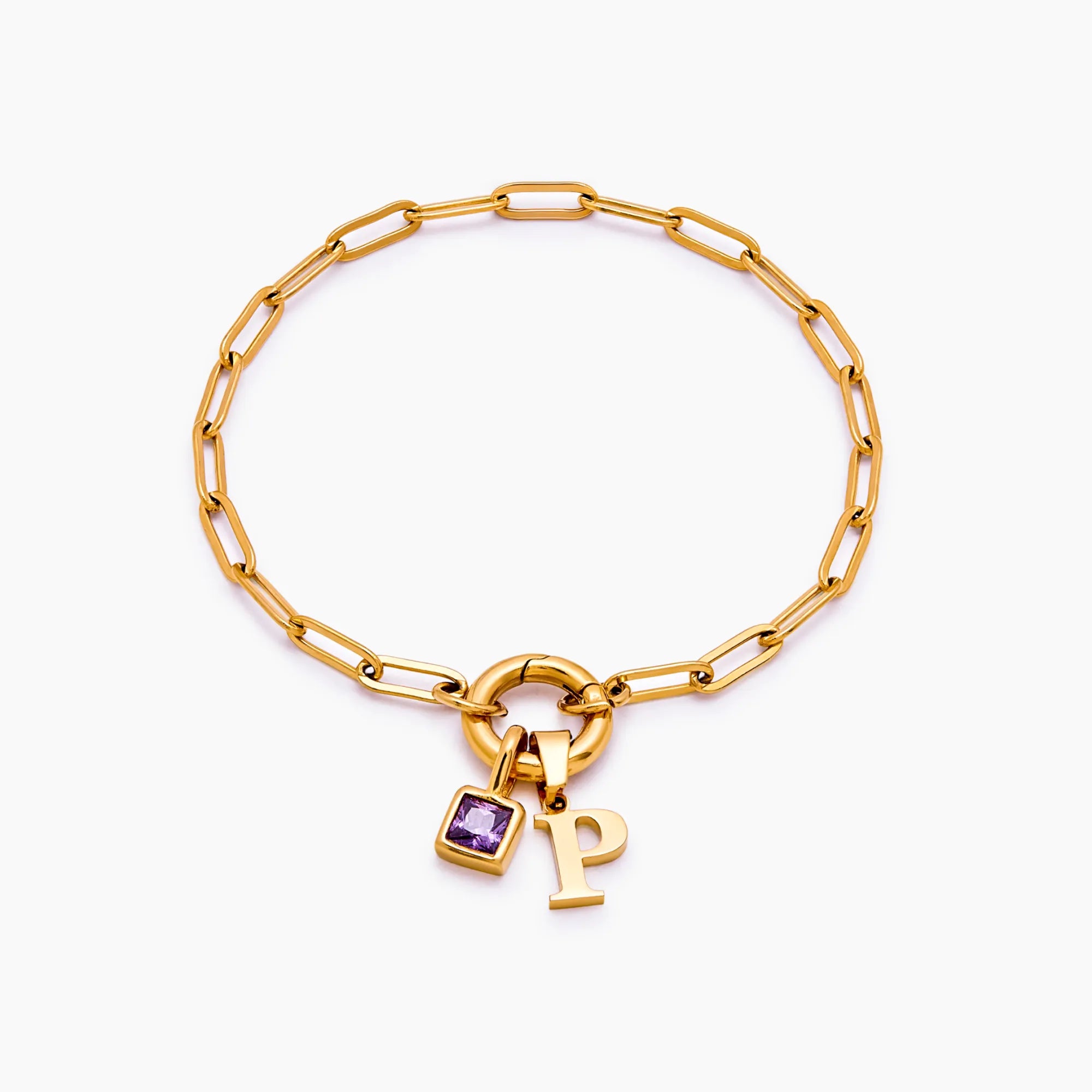 Paperclip Initial Birthstone Bracelet